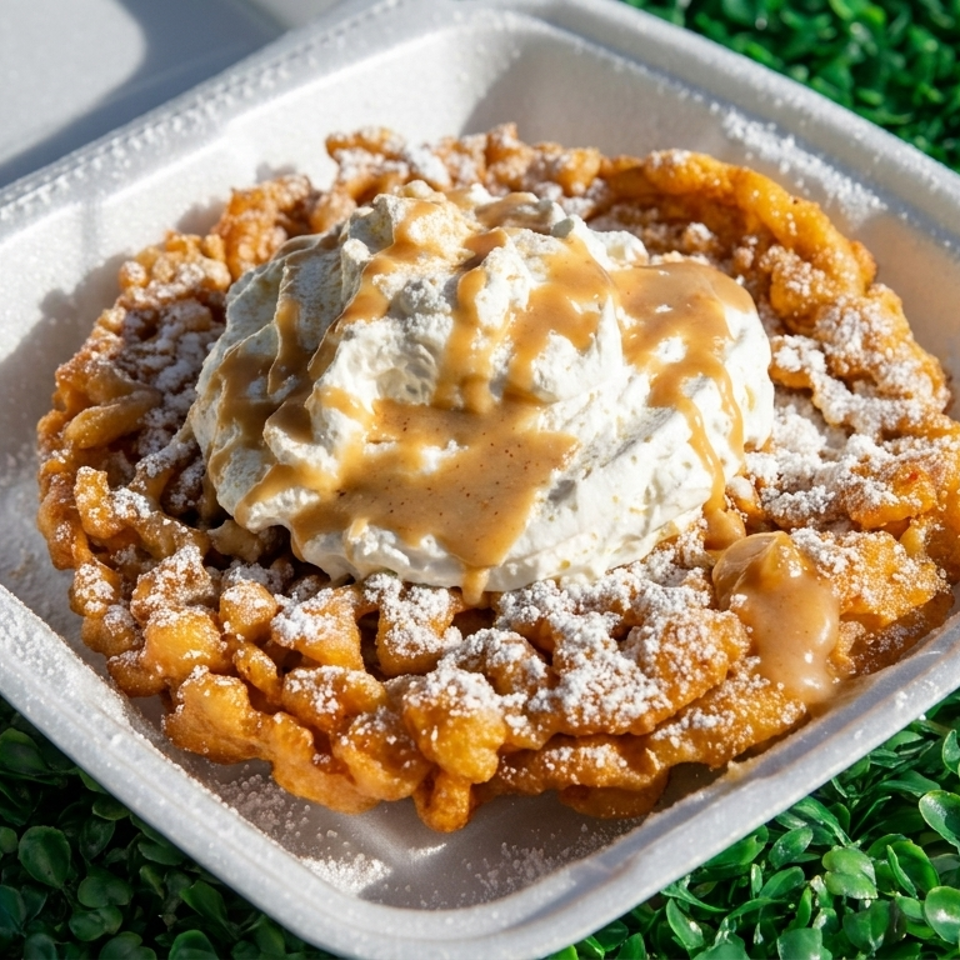 Fried funnel cake dusted with powdered sugar, topped with ice cream and caramel sauce in a takeout container.