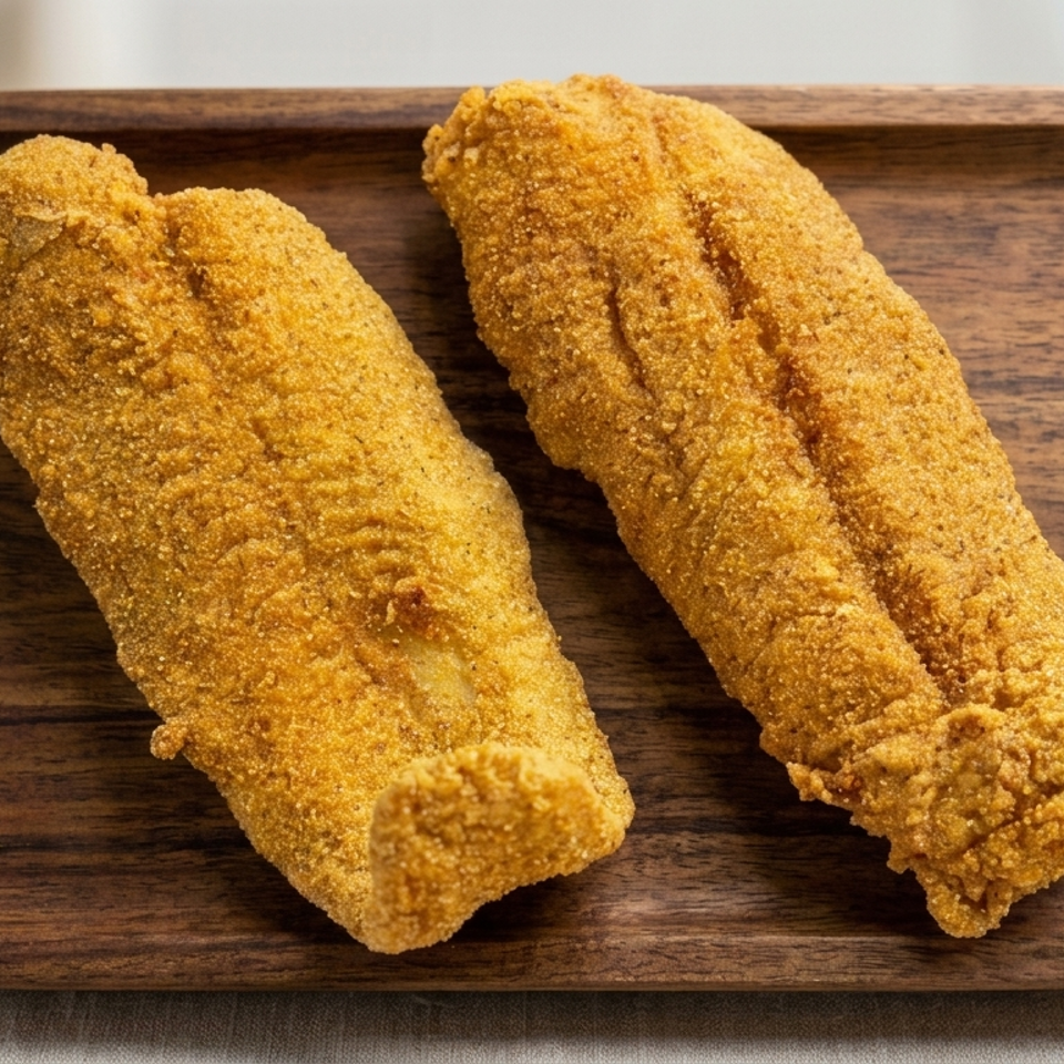 Two golden-brown breaded fried fillets arranged on a rectangular wooden serving tray.