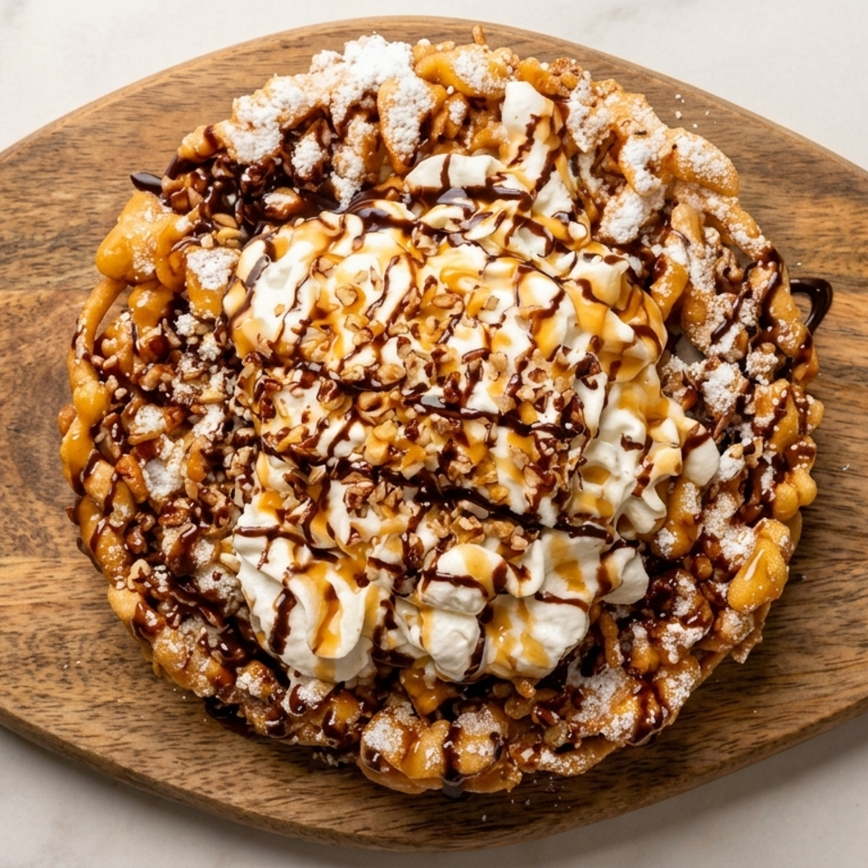 Dessert topped with whipped cream, powdered sugar, nuts, caramel, and chocolate drizzle on a wooden serving platter.