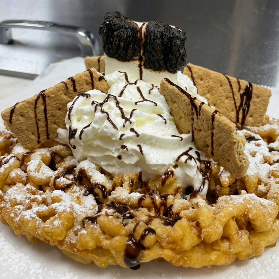 Golden funnel cake topped with whipped cream, chocolate drizzle, powdered sugar, cookie pieces, and toasted marshmallows.