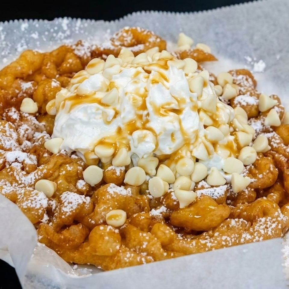 Golden fried dough bites topped with whipped cream, white chocolate chips, caramel drizzle, and powdered sugar on parchment paper.